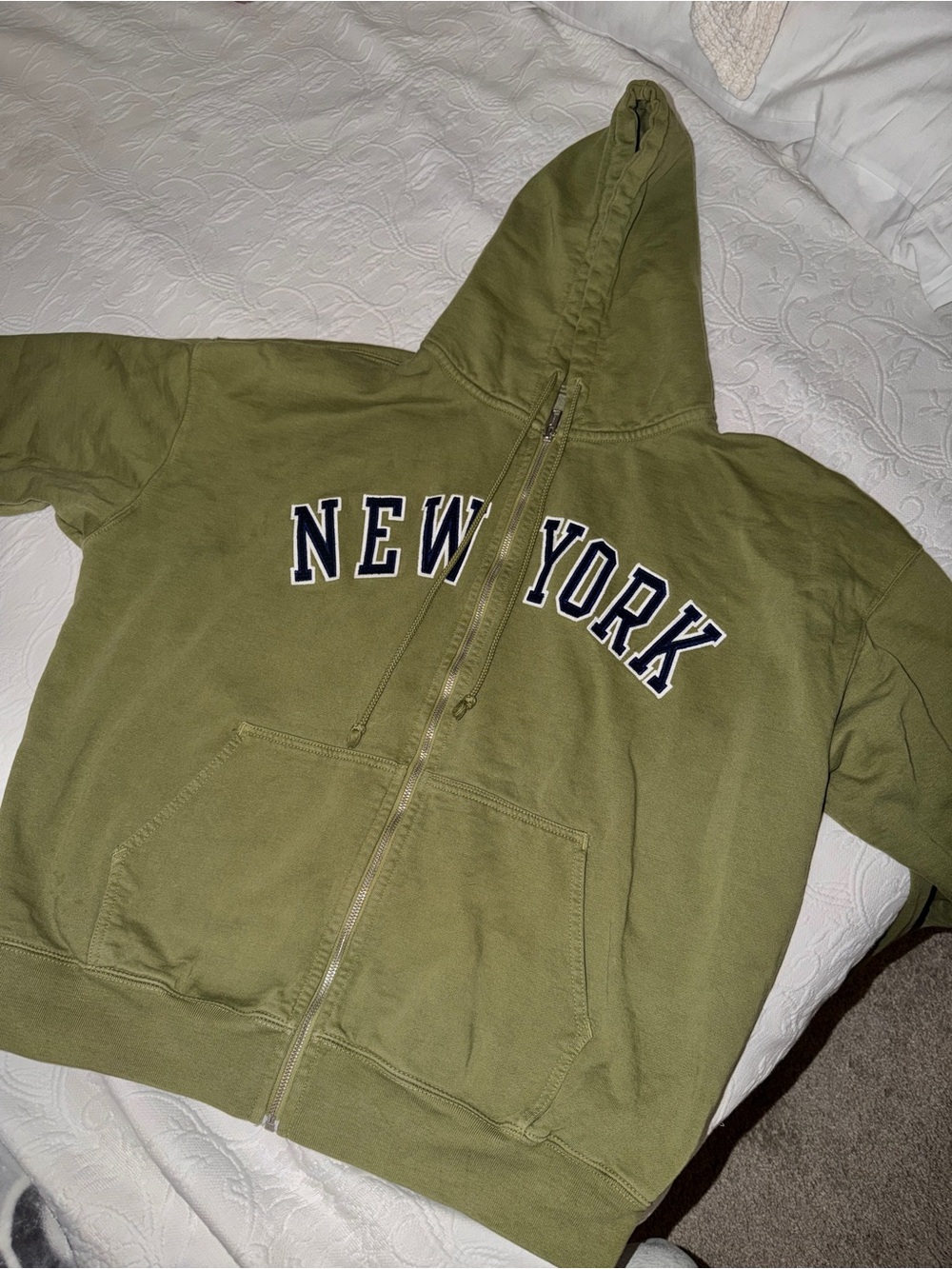Pacsun John Galt Olive Green Zip-Up Hoodie with 'NEW YORK' logo!